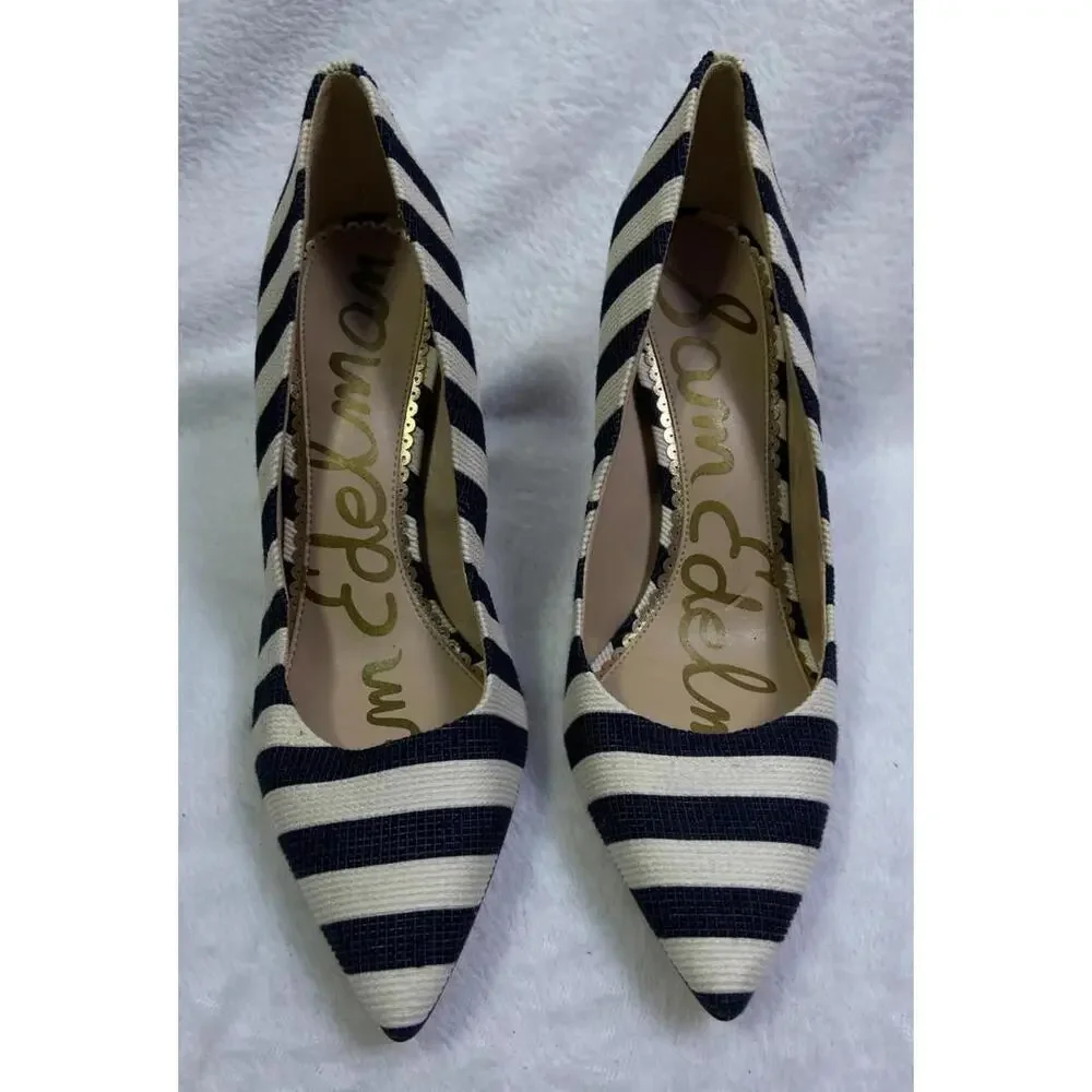Sam Edelman black white 4" Stripe Heels Stiletto Sz. 7 M US 37 EU Women’s Canvas - Picture 2 of 11